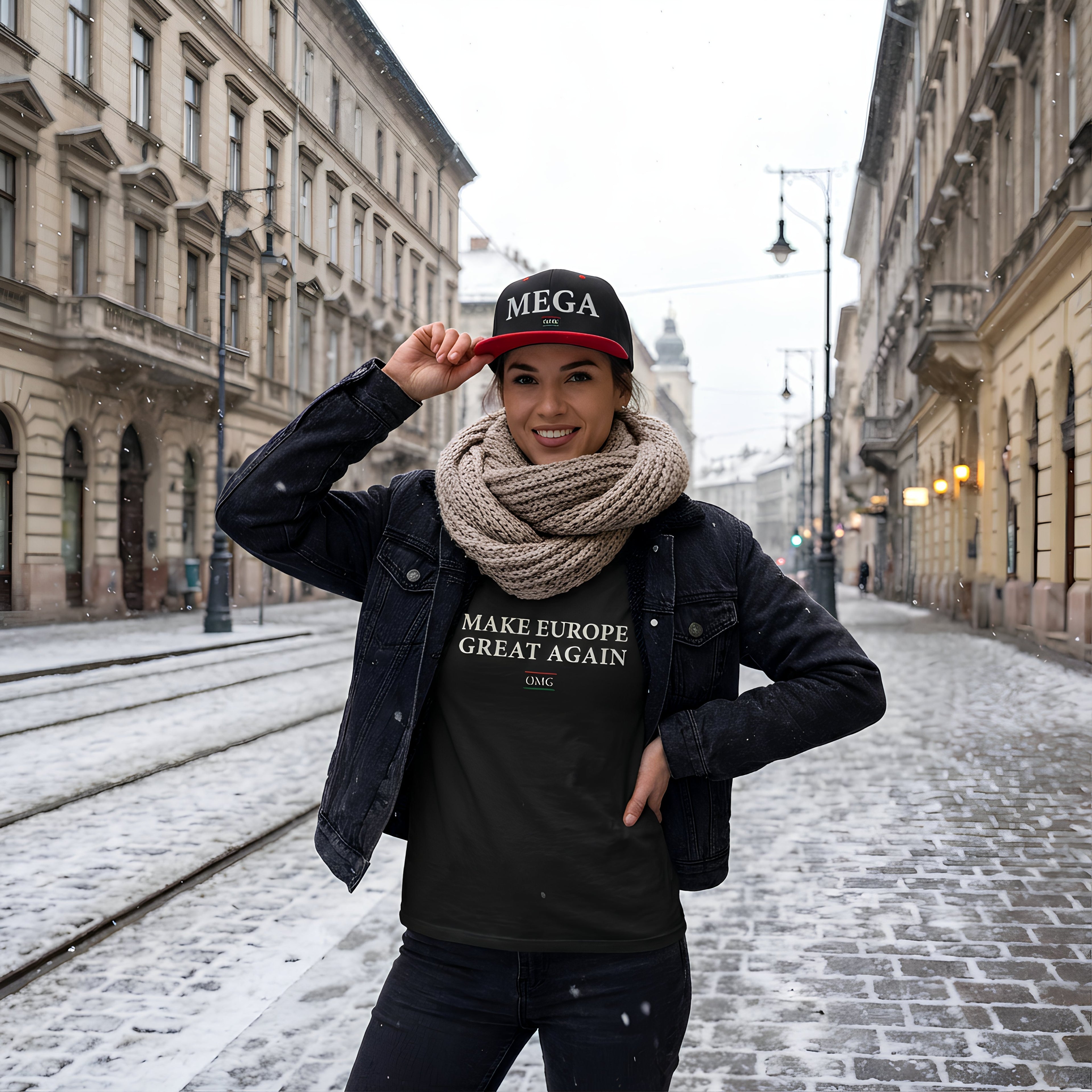Person wearing a black jacket with text, scarf, and cap in an urban setting
