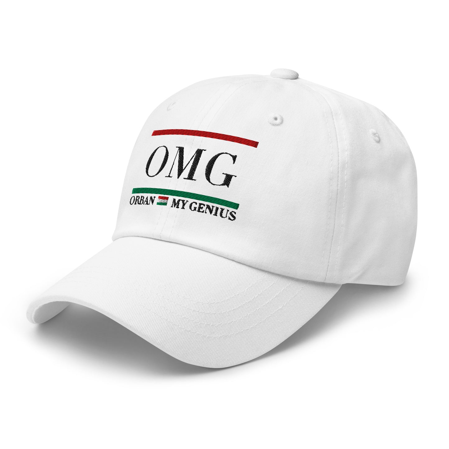 White cap with 'OMG Urban My Genius' text on a white background