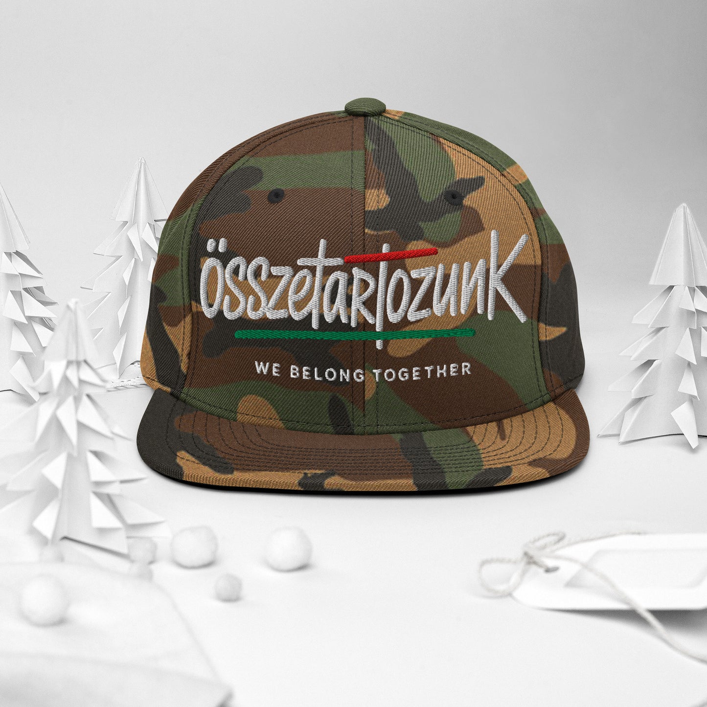 Camouflage cap with text on a white background