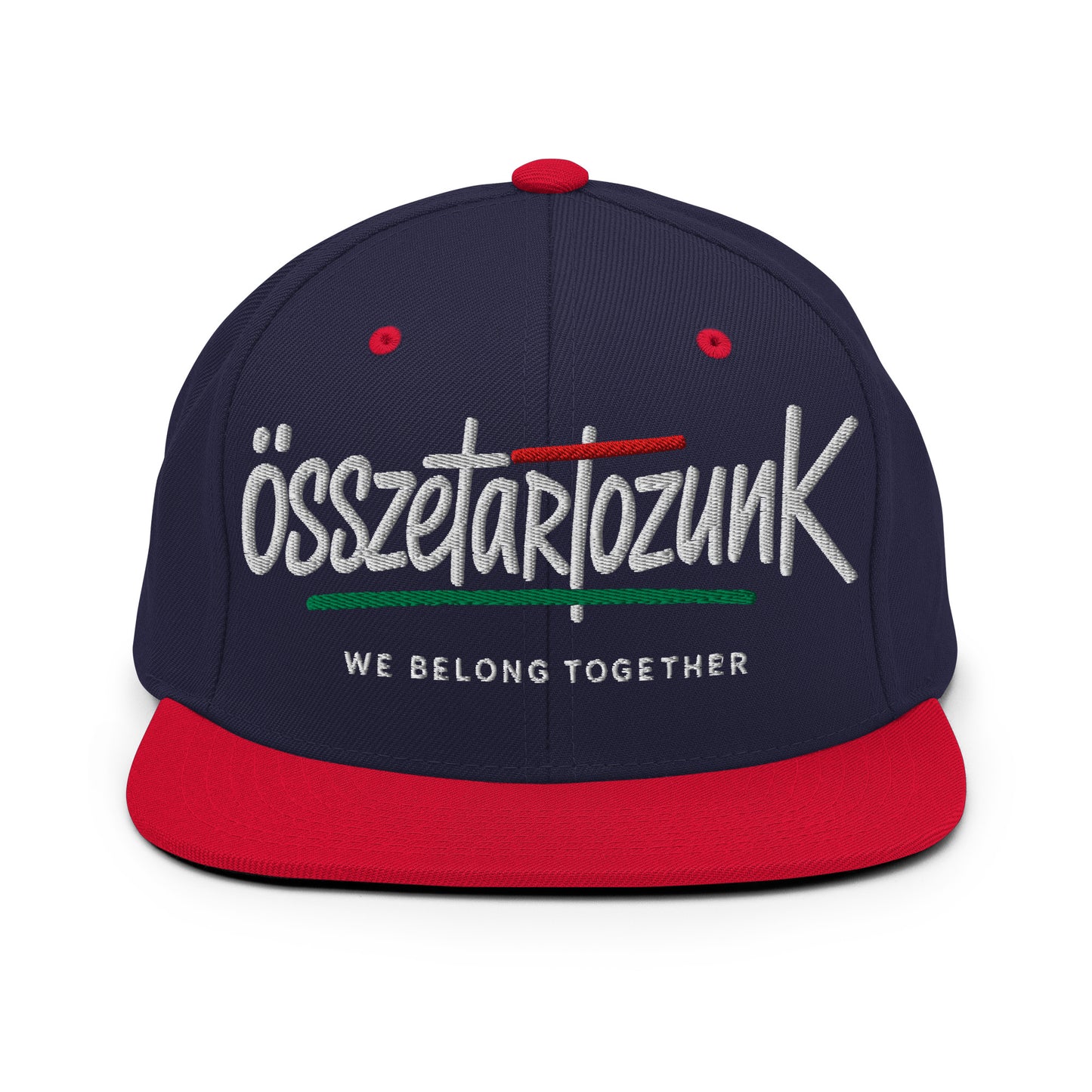 We belong together - összetartozunk. Navy and red cap with text on a white background