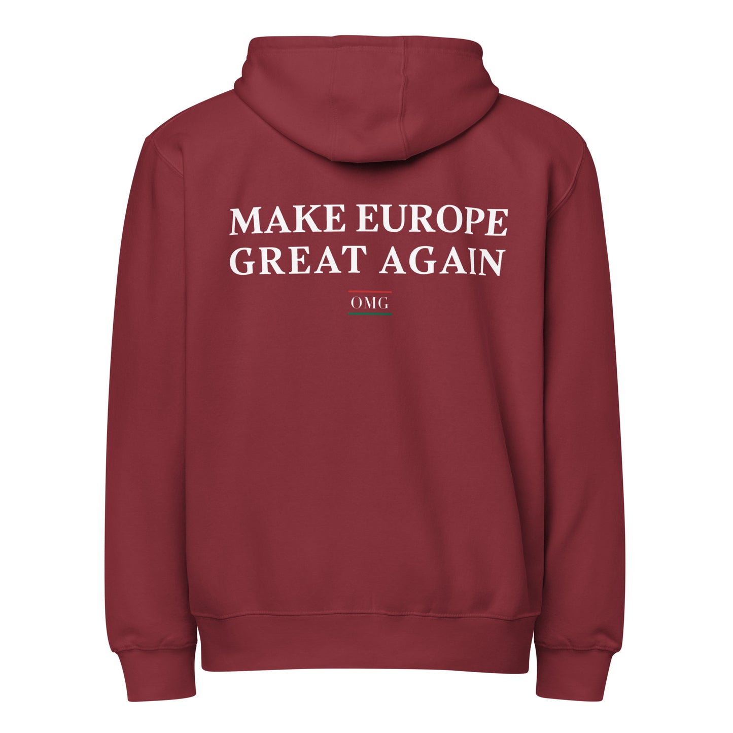 Maroon hoodie with 'MAKE EUROPE GREAT AGAIN' text on the back, on a white background