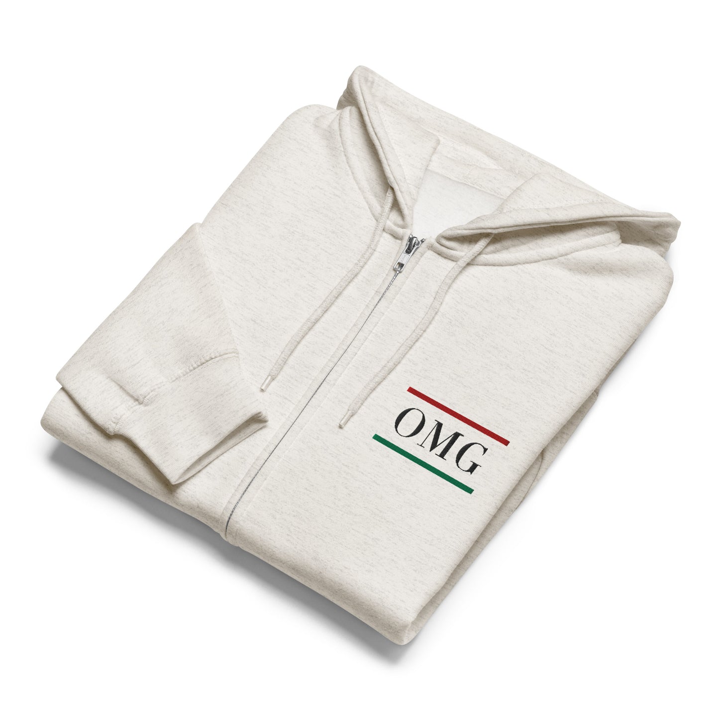 Folded beige hoodie with 'OMG' text on a white background