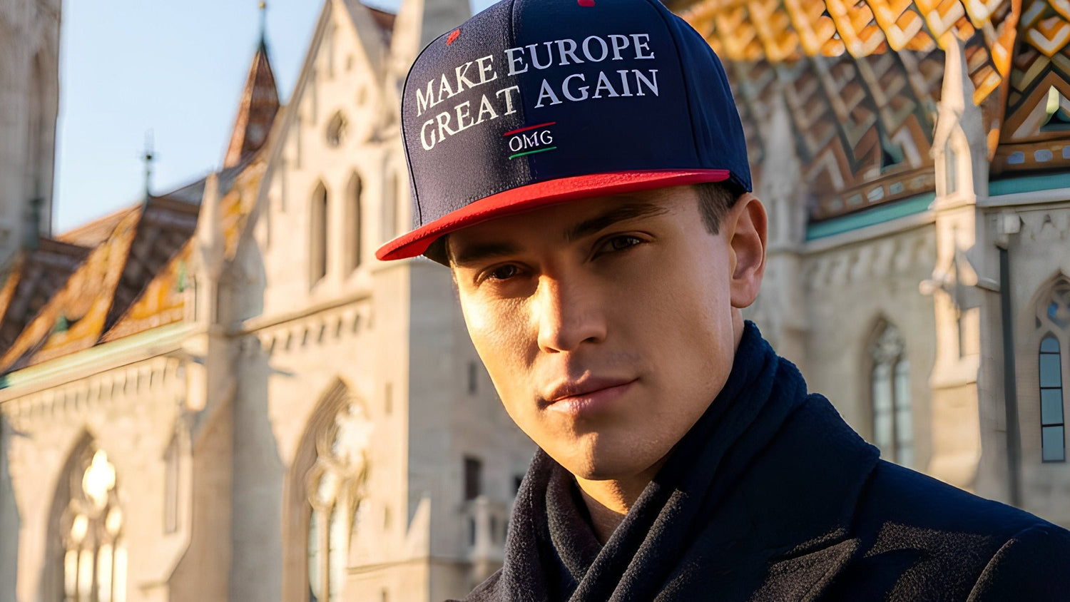 Person wearing a cap with 'Make Europe Great Again' text in front of a cathedral.