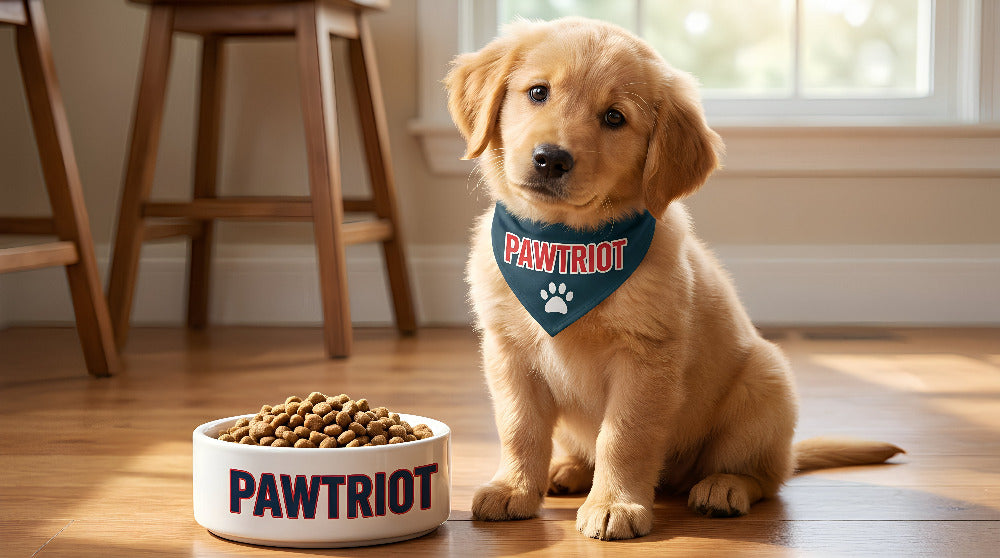 Puppy wearing a 'PAWTRIOT' bandana sitting next to a bowl of dog food on a wooden floor.