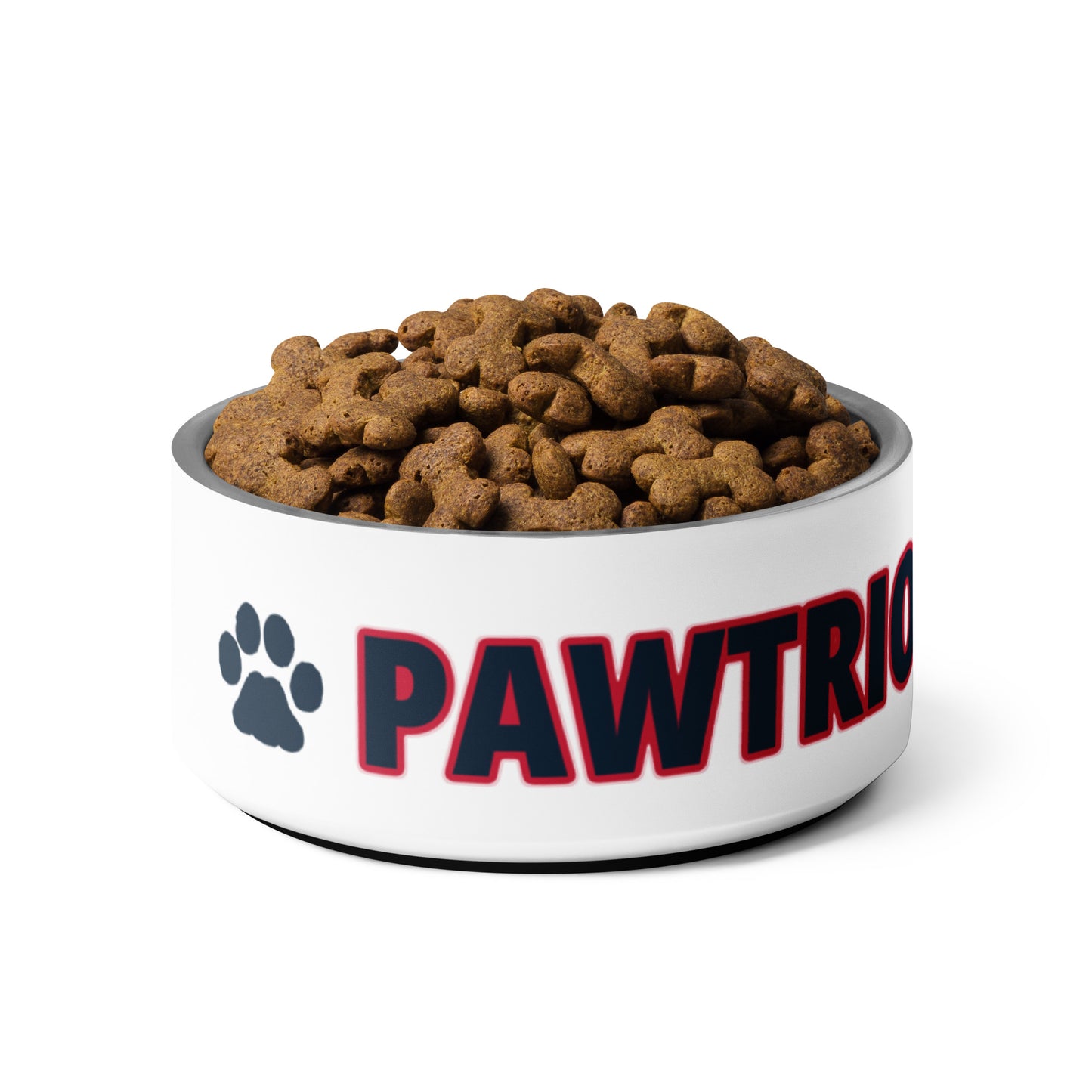 Dog food bowl labeled 'PAWTRIO' with dog treats on a white background